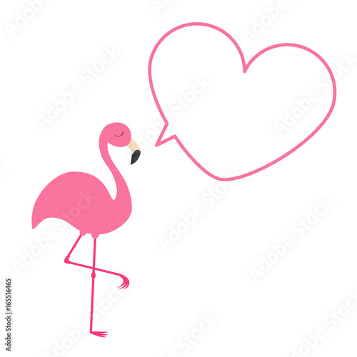 Pink flamingo. Heart frame talking bubble template. Exotic tropical bird. Zoo animal collection. Cute cartoon character. Decoration element. Flat design. White background. Isolated.