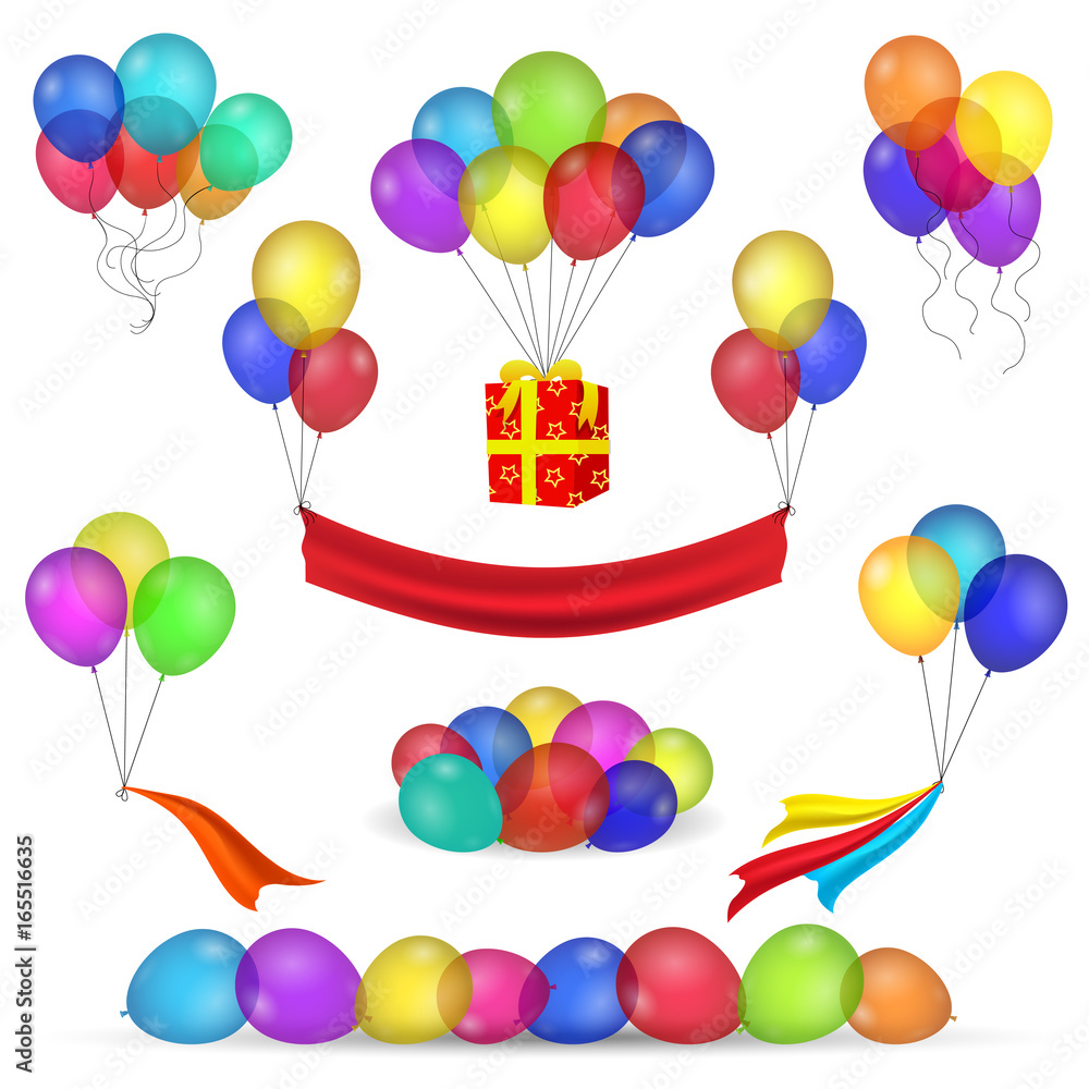 Helium inflatable balloons, ribbon and flying gift box for celebration  party decorations isolated on white. Vector birthday decoration items Stock  Vector