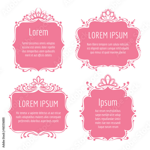 Beautiful pink borders with queen tiaras or frames with princess crowns isolated on white for little girl birthday invitation or wedding card