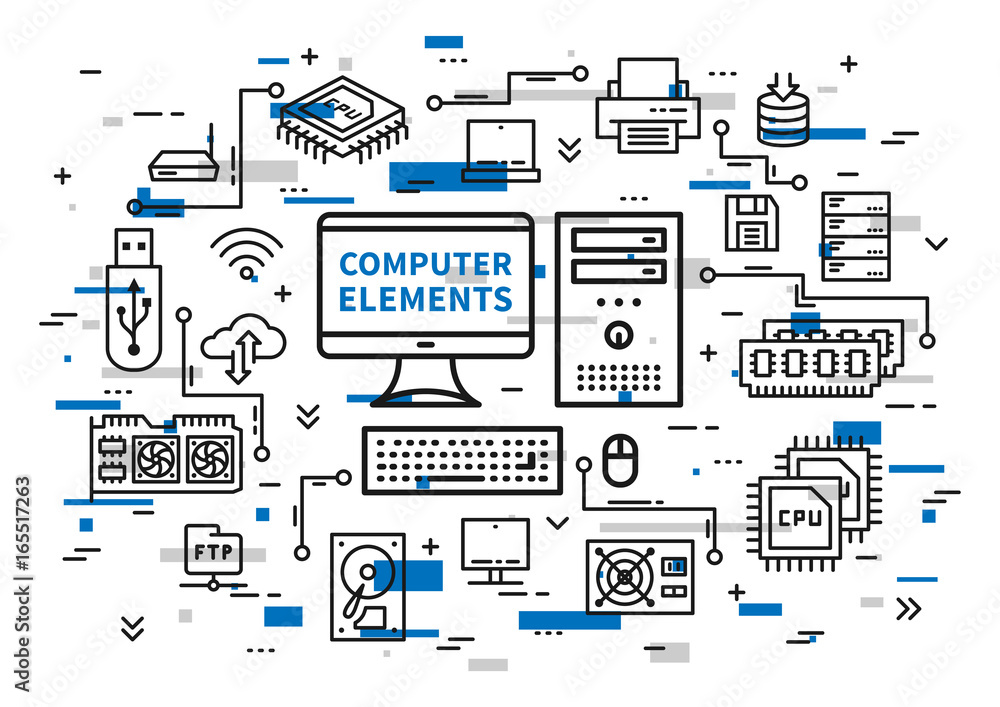 Parts of computer and PC hardware components in outline collection set.  Labeled elements for device and peripherals assembly vector illustration.  Build custom electronics with motherboard, ram and CPU Stock Vector