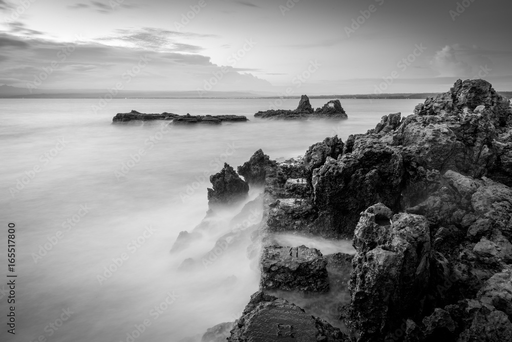 Long exposure image of a rocky beach