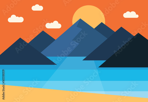 Vector panorama of the sunset in the mountains by the sea.