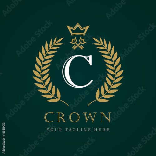 Luxury Crown calligraphic key letter "C" monogram logo. Laurel elegant beautiful round logo with crown and key. Vector letter emblem sign C for Royalty, Restaurant, Boutique, Hotel, Heraldic, Jewelry