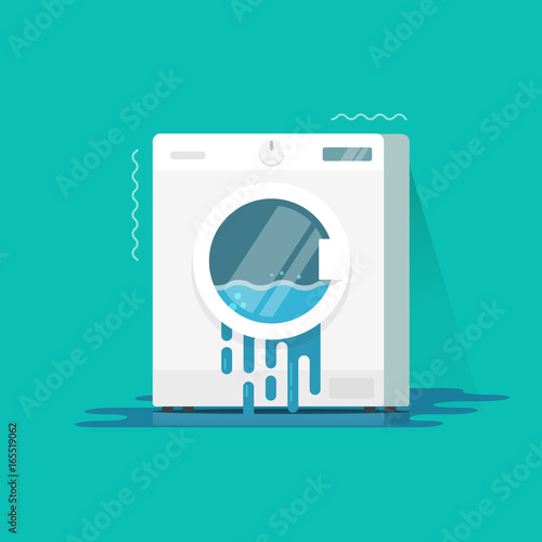 Washing machine broken vector illustration, flat cartoon color damaged washer with water flowing on floor need repair isolated