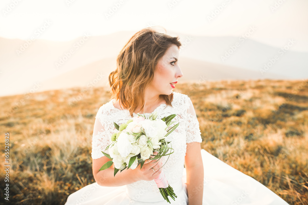 Beauty woman, bride with perfect white dress background mountains Beauty woman, bride with perfect white dress background mountains