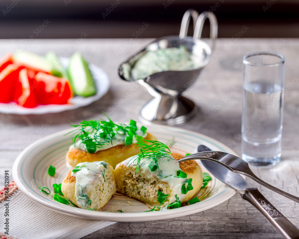 Zrazy with greens on a plate. Served table Zrazy with greens on a plate. Served table