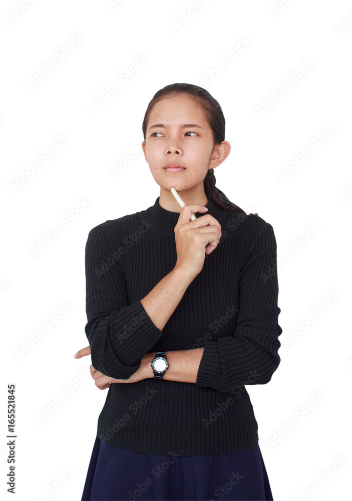 A Beautiful woman wore a black blouse with a blue skirt holding a white pen and serious thinking something. Isolated on white background clipping path. A Beautiful woman wore a black blouse with a blue skirt holding a white pen and serious thinking something. Isolated on white background clipping path.