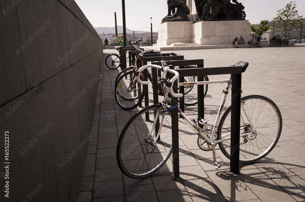 bicycles locked up in Budapest city bicycles locked up in Budapest city