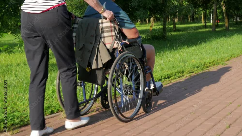 A woman helping to her sister. A middle-aged person is taking a disabled one for a walk in the park. A woman helping to her sister. A middle-aged person is taking a disabled one for a walk in the park.