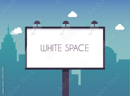 Billboard with copy space text standing high over large city street skyscrapers buildings. Flat design modern vector illustration concept.