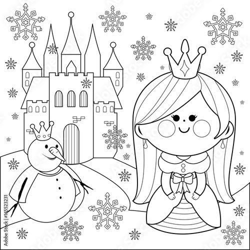Princess in the snow with a castle and a snowman. Vector black and white coloring page.
