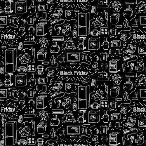 Black Friday household doodle seamless pattern