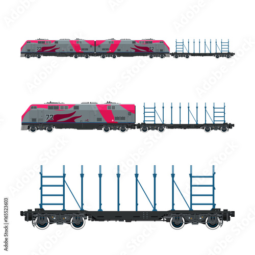 Pink Locomotive with Railway Platform for Timber Transportation Or other Cargoes, Train, Railway and Cargo Transport, Vector Illustration