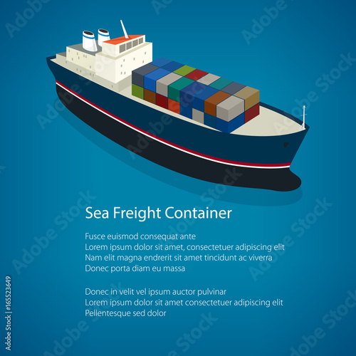 Isometric Container Ship on the Water and Text, a Top View of a Cargo Ship with Containers on Board in the Blue Ocean, Poster Flyer Brochure Design, Vector Illustration