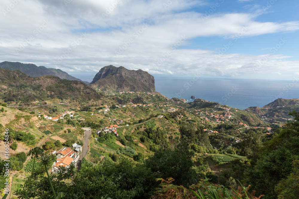 Eagles Rock and Porto da Cruz on the north coast of Madeira , Portugal