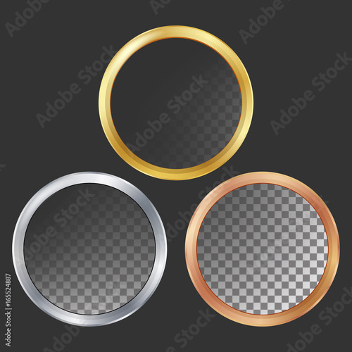 Gold, Silver, Bronze, Copper Metal Frames Vector. Round. Realistic Metallic Plates Illustration