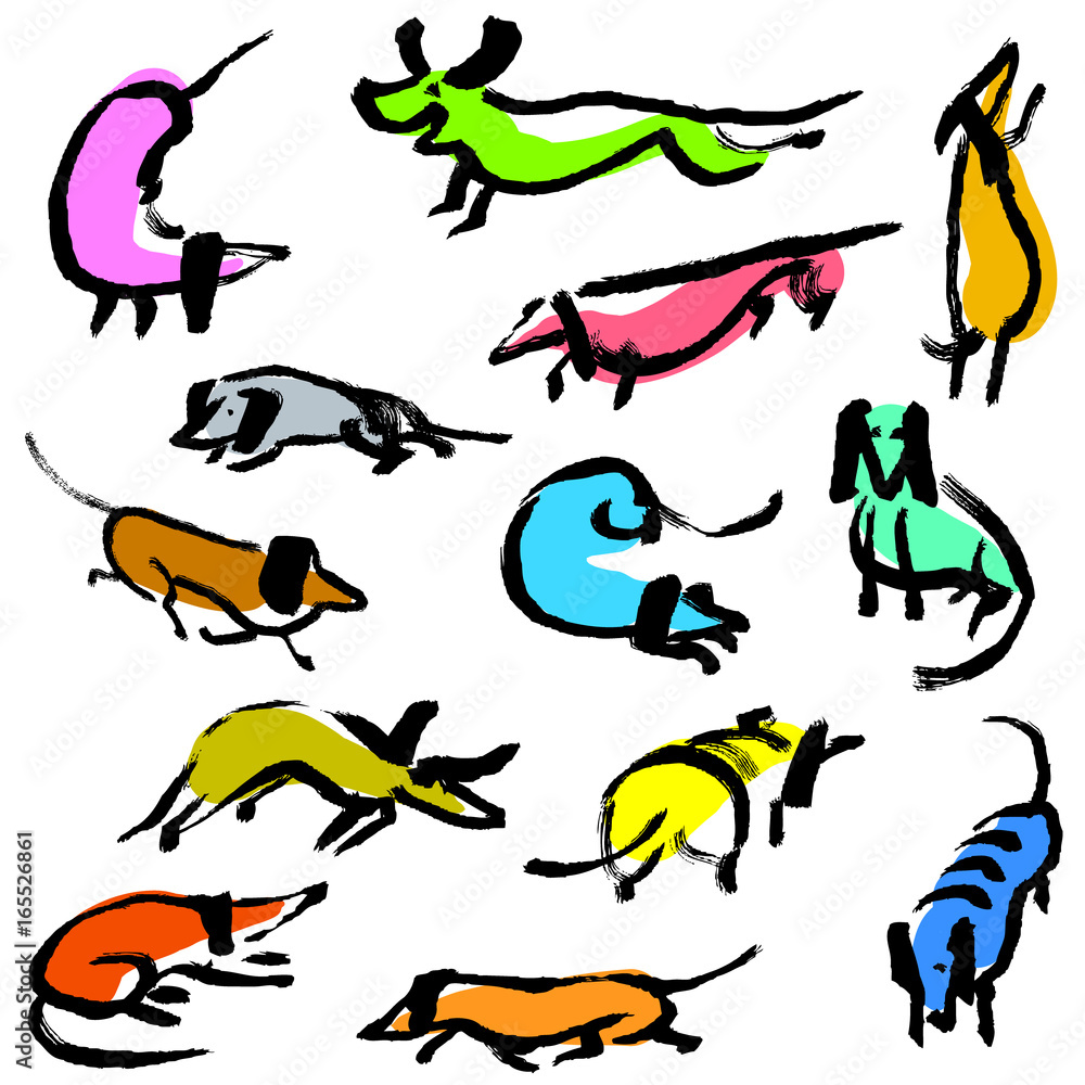 Hand drawn doodle dachshund dogs.  Artistic canine vector