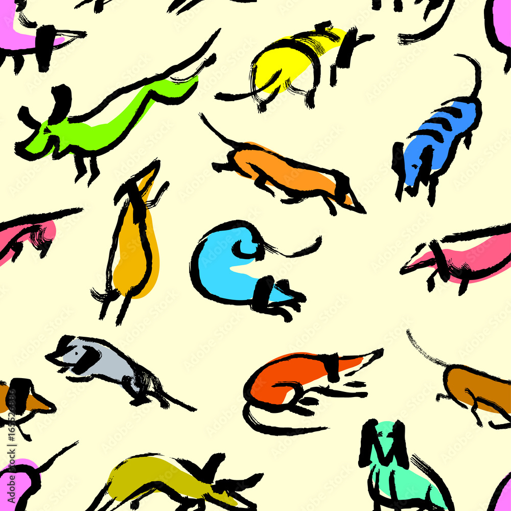 Seamless pattern with doodle dachshund. Background with sketchy dogs.
