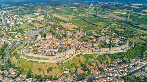 Aerial top view of Carcassonne medieval city and fortress castle from above, Sourthern France
