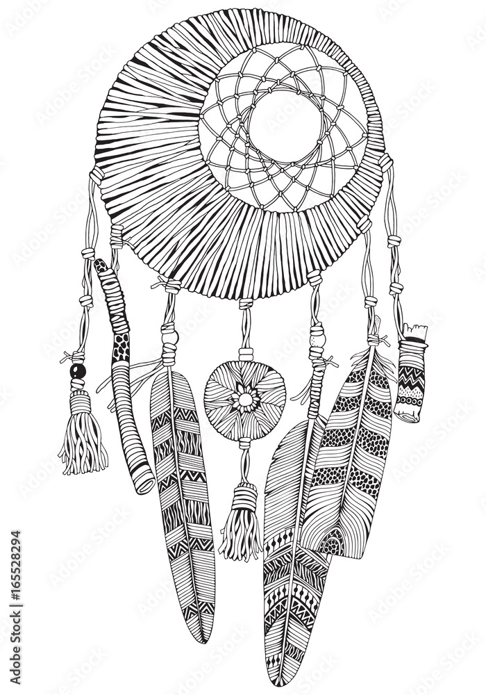Moon dreamcatcher with feathers and branches. Doodle style. Black and ...