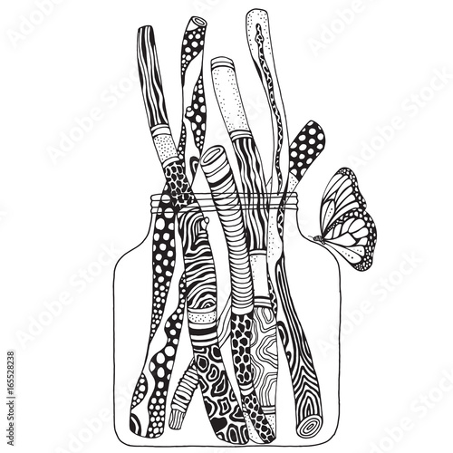 Wooden Branches in a glass jar . Painted Sticks. Doodle style. Black and white, boho, vector, tribal design elements.
