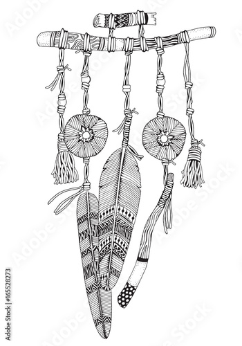 Dreamcatcher with feathers and branches. Doodle style. Black and white. Hand drawn Adult Coloring Book page with cozy Dream Catcher.