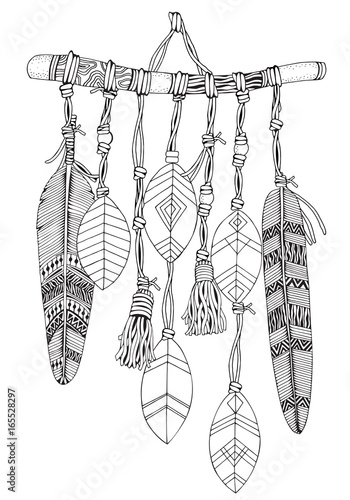 Dreamcatcher with feathers and branches. Doodle style. Black and white. Hand drawn Adult Coloring Book page with cozy Dream Catcher.