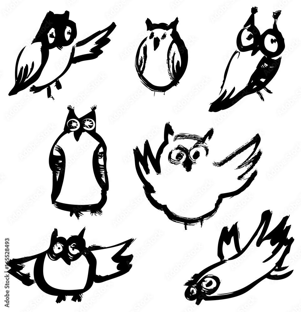 Sketchy owls set. Artistic hand-drawn birds collection. Sketchy owls set. Artistic hand-drawn birds collection.