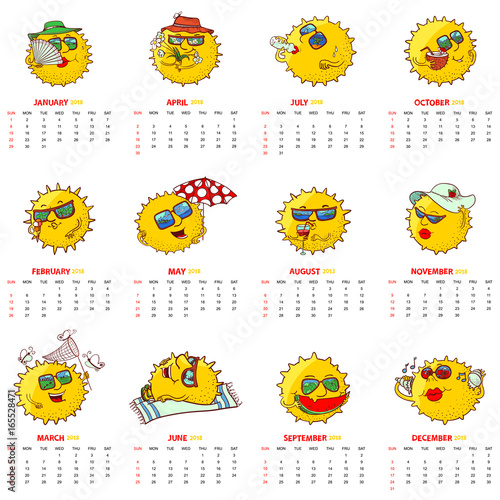 Monthly calendar 2018 with sun characters. Design of pages for summer