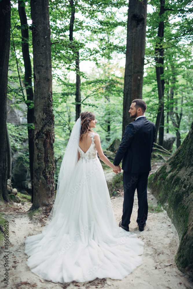 Bride and groom walk around the summer forest Bride and groom walk around the summer forest