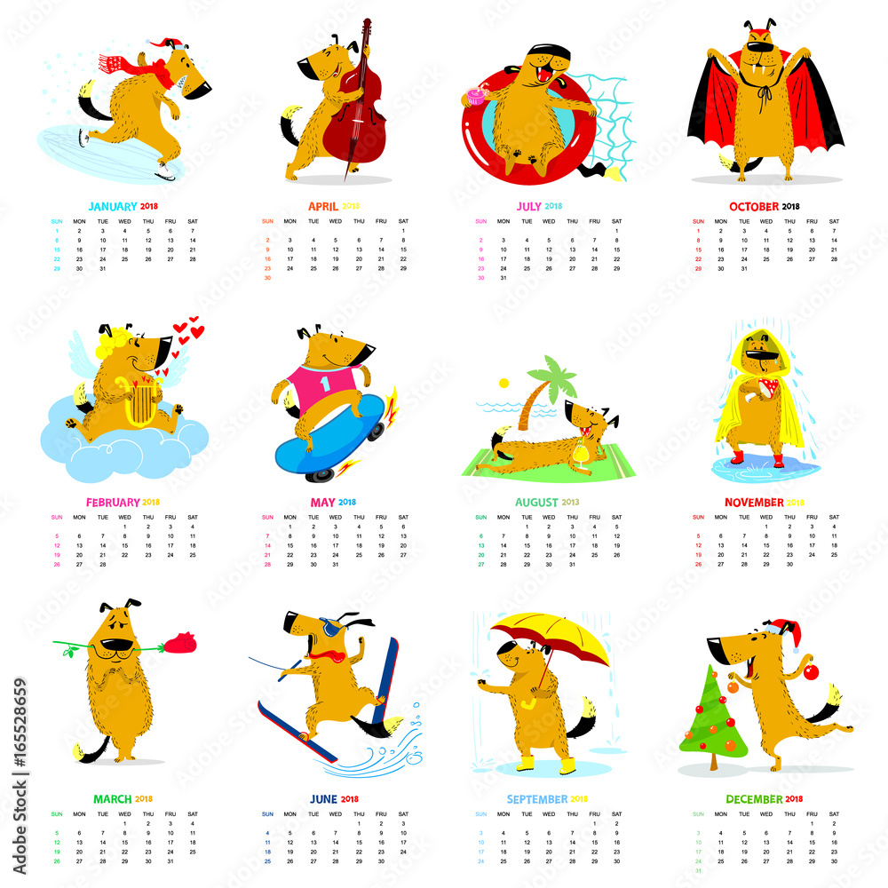 Fototapeta premium Monthly calendar 2018 with cute dogs. Vector illustration with pets