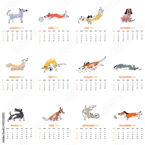 Monthly calendar 2018 with cute dogs. Vector illustration with pets photo