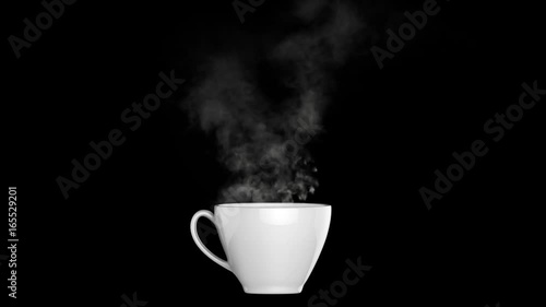 A white coffee or tea cup with white smoke isolated on black background