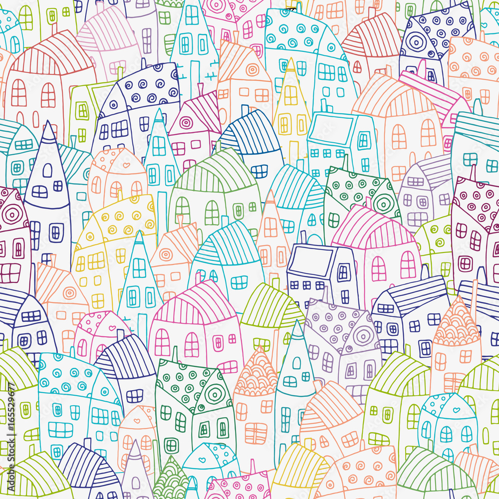 Seamless Pattern with artistically Colored houses. Street background in vector. Doodle style.