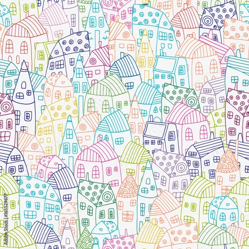 Tapety Wzór z artystycznie kolorowe domy. Tło ulica w wektorze. Doodle styl.