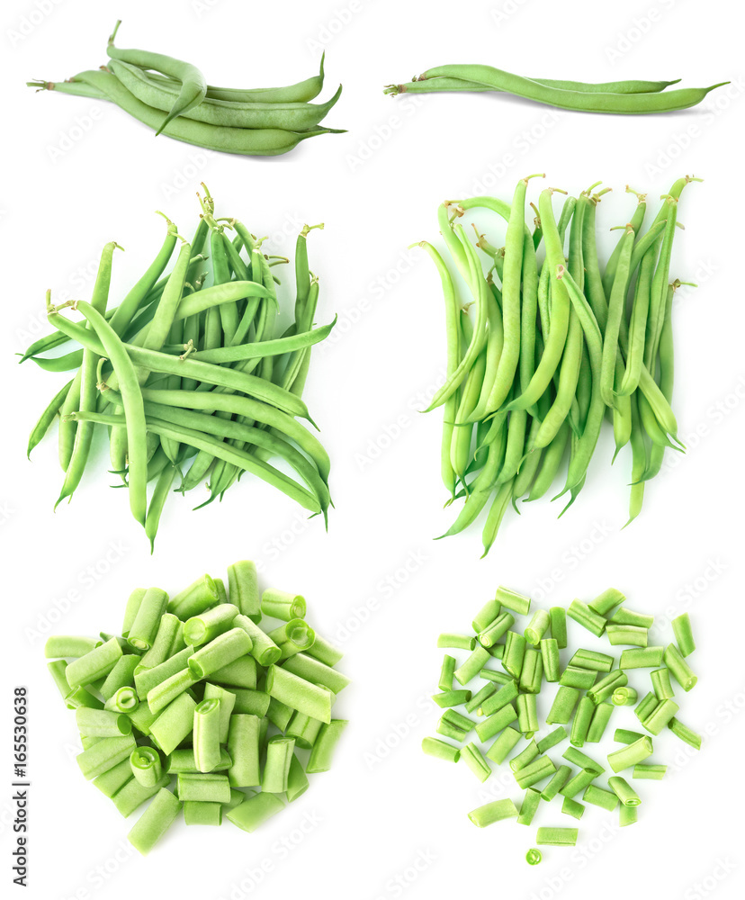 Fototapeta premium Collage of green beans on white background