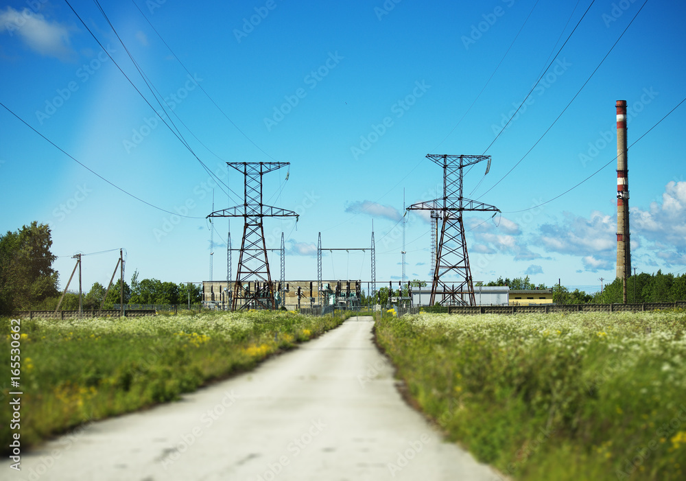 High voltage AC transmission towers.