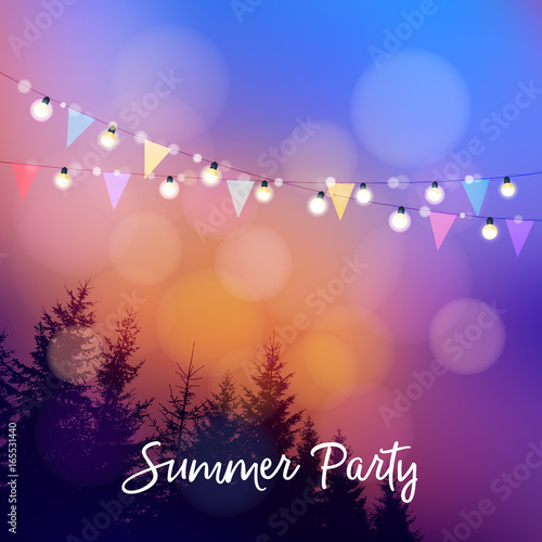 Birthday outdoor summer party or Brazilian june party, Festa junina, invitation. Vector illustration with string of lights, party flags, silhouettes of trees and sunset background.