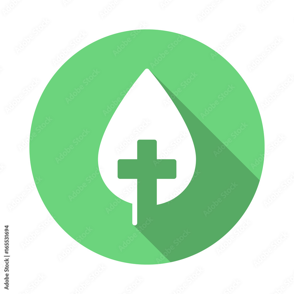 Natural medicine, leaf with cross flat icon. Round colorful button, circular vector sign with long shadow effect. Flat style design Natural medicine, leaf with cross flat icon. Round colorful button, circular vector sign with long shadow effect. Flat style design
