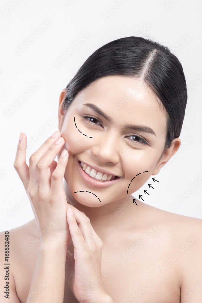 Beautiful woman face with surgery drawing line, surgery concept Beautiful woman face with surgery drawing line, surgery concept