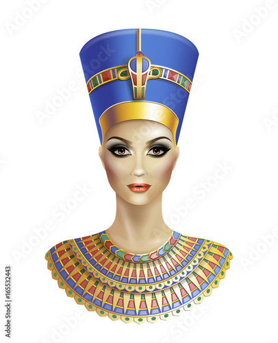 Egyptian queen Nefertiti isolated on white background.