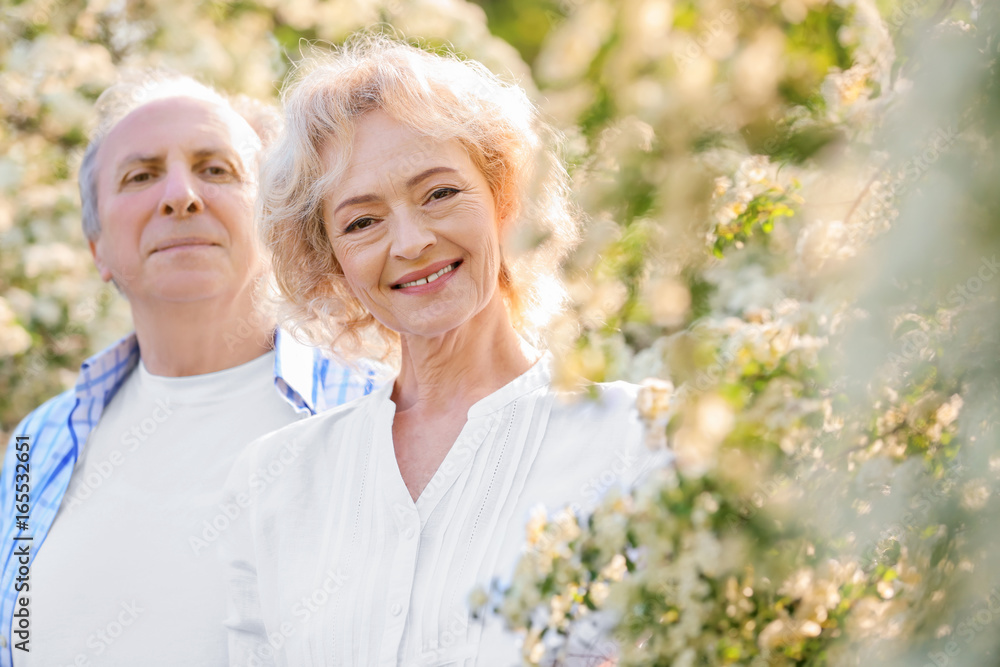 Happy senior couple near blossom bushes in spring park