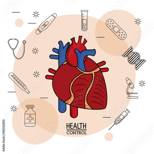 Poster white background with black silhouette icons of health control in background and colorful cardiovascular system in closeup