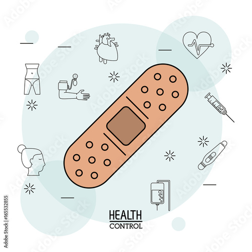 Poster white background with black silhouette icons of health control in background and colorful bandage icon in closeup
