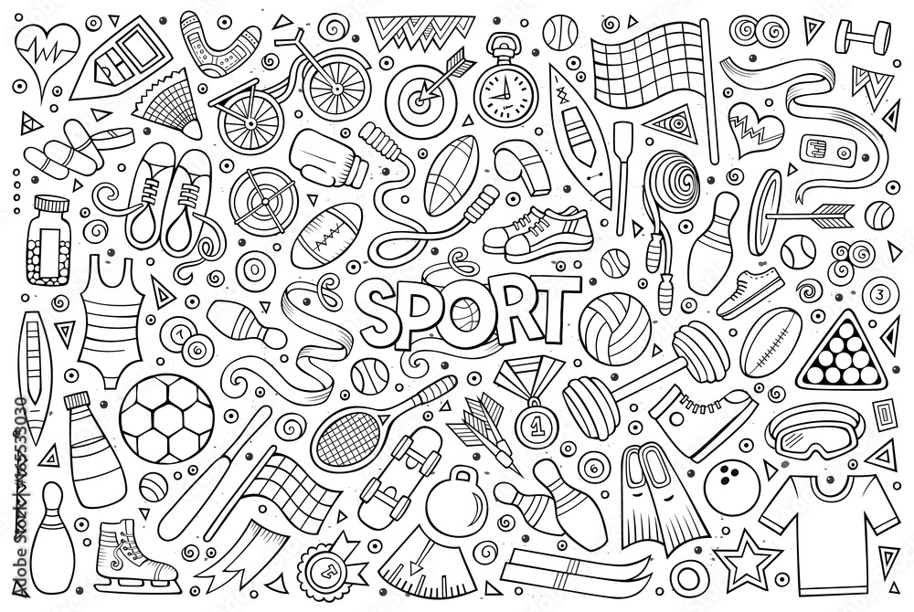 Doodle cartoon set of Sport objects and symbols
