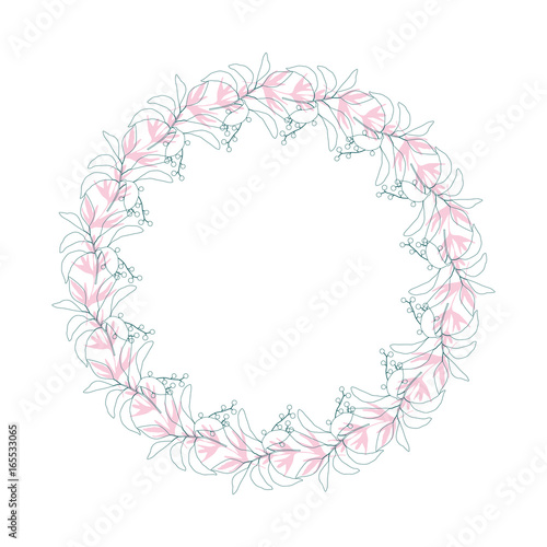 Vector botanical illustration with a wreath made of stylized hand drawn  leaves.