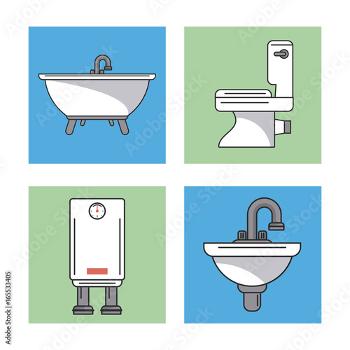 white background with frames of bathroom elements as sinks and water heater and toilet and bathtub vector illustration