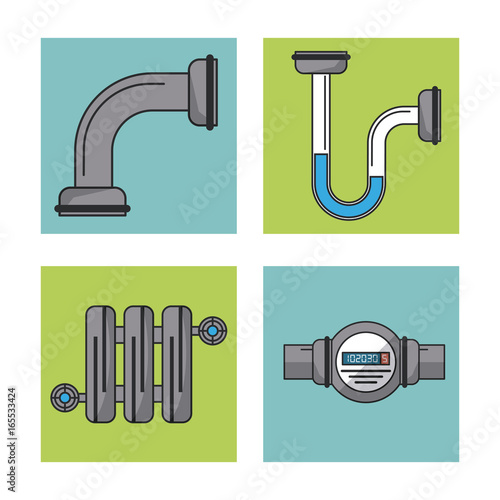 white background with frames of water pipeline and water meter vector illustration