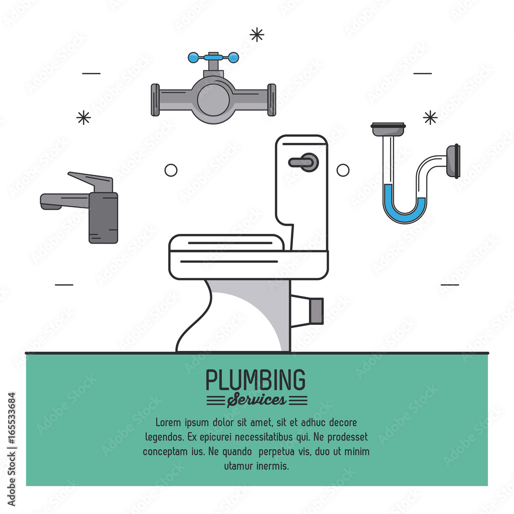white background poster plumbing services with toilet in closeup and plumbing icons white background poster plumbing services with toilet in closeup and plumbing icons