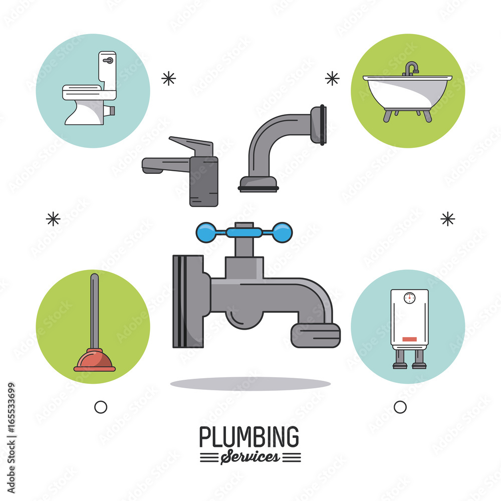 white background poster plumbing services with color faucets and plumbing bathroom icons around white background poster plumbing services with color faucets and plumbing bathroom icons around